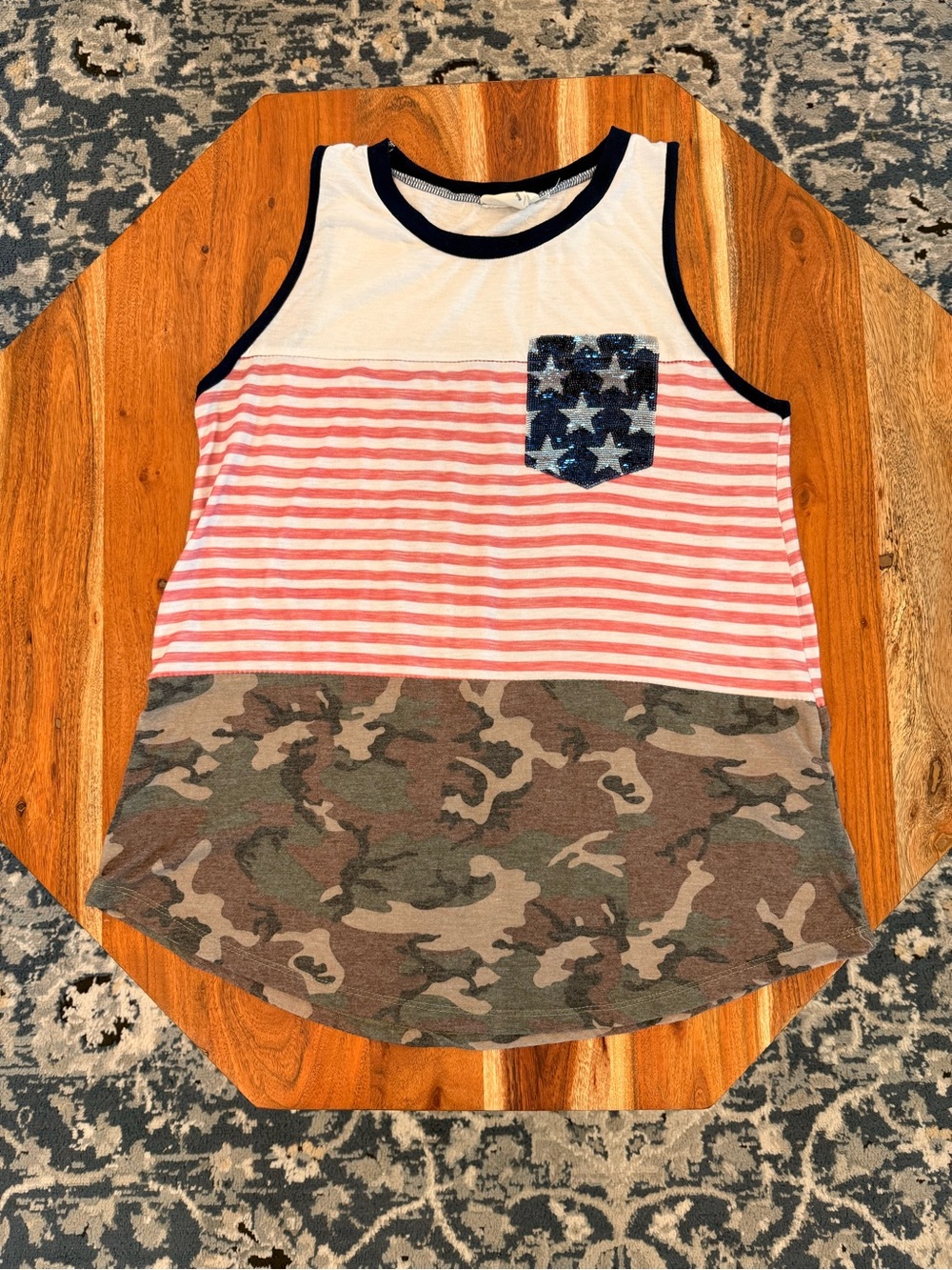 Women’s Sleeveless Tank Top with Red Stripes, Stars Pocket & Camo Hem
